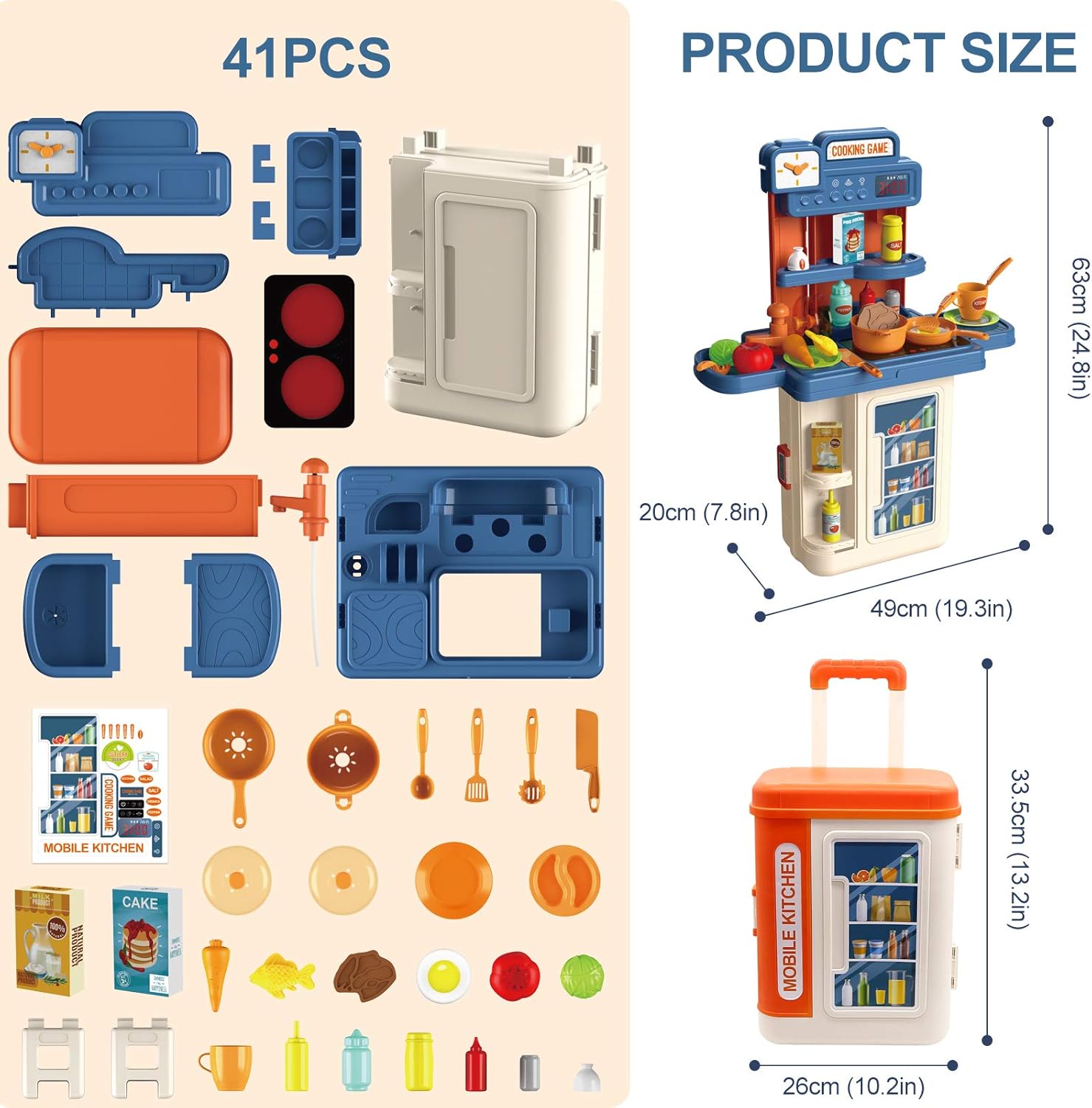 GRESAHOM Kitchen Playset for Kids,4 in 1 Kitchen & Grill Role Pretend Play Toys Travel Suitcase with 41pcs Realistic Cooking Accessories,Lights