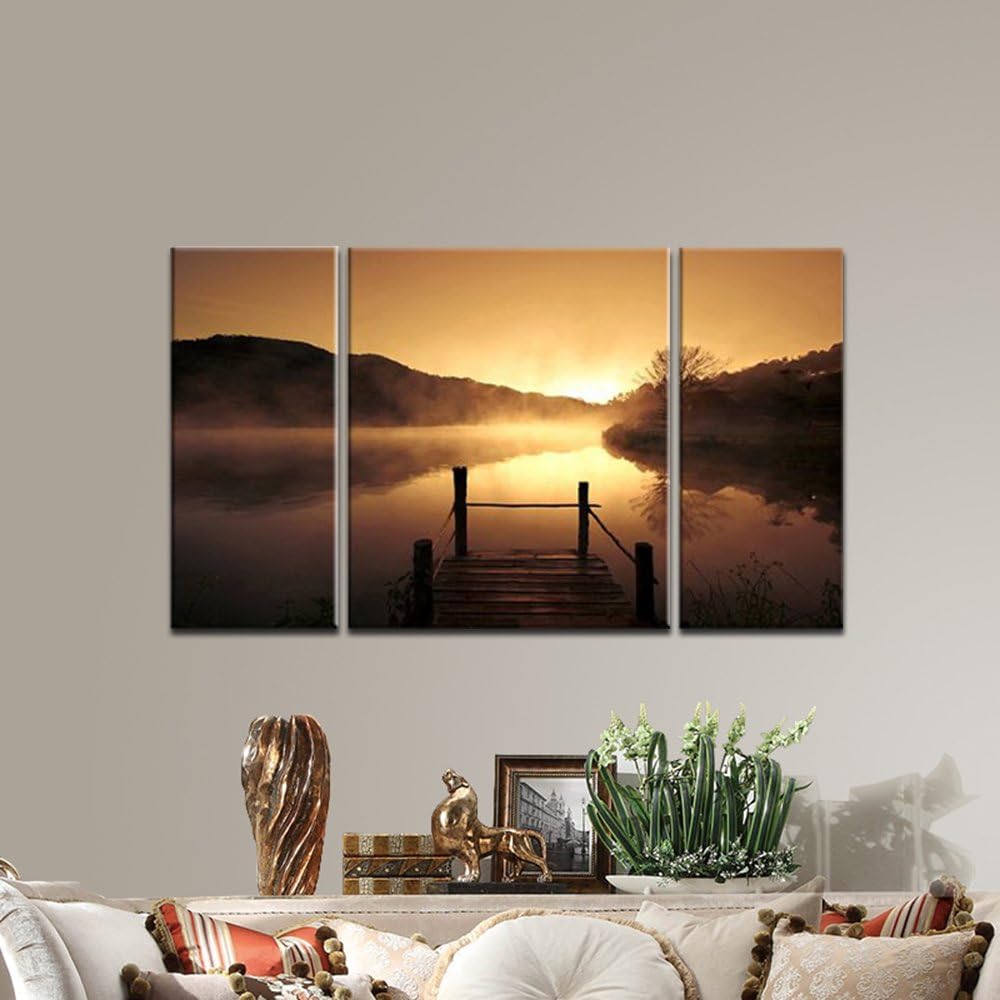 Wieco Art Canvas Prints Wall Art Sunset Beach Picture Paintings for Living Room Bedroom Decor Home Decorations Misty Lake 3 Piece Modern Stretched
