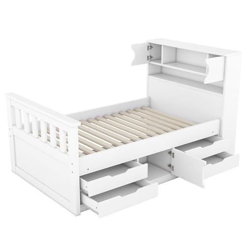 Harper & Bright Designs Twin Size Captain Platform Bed with Bookcase Headboard, Wood Twin Bed Frame with Storage Drawers and Shelves