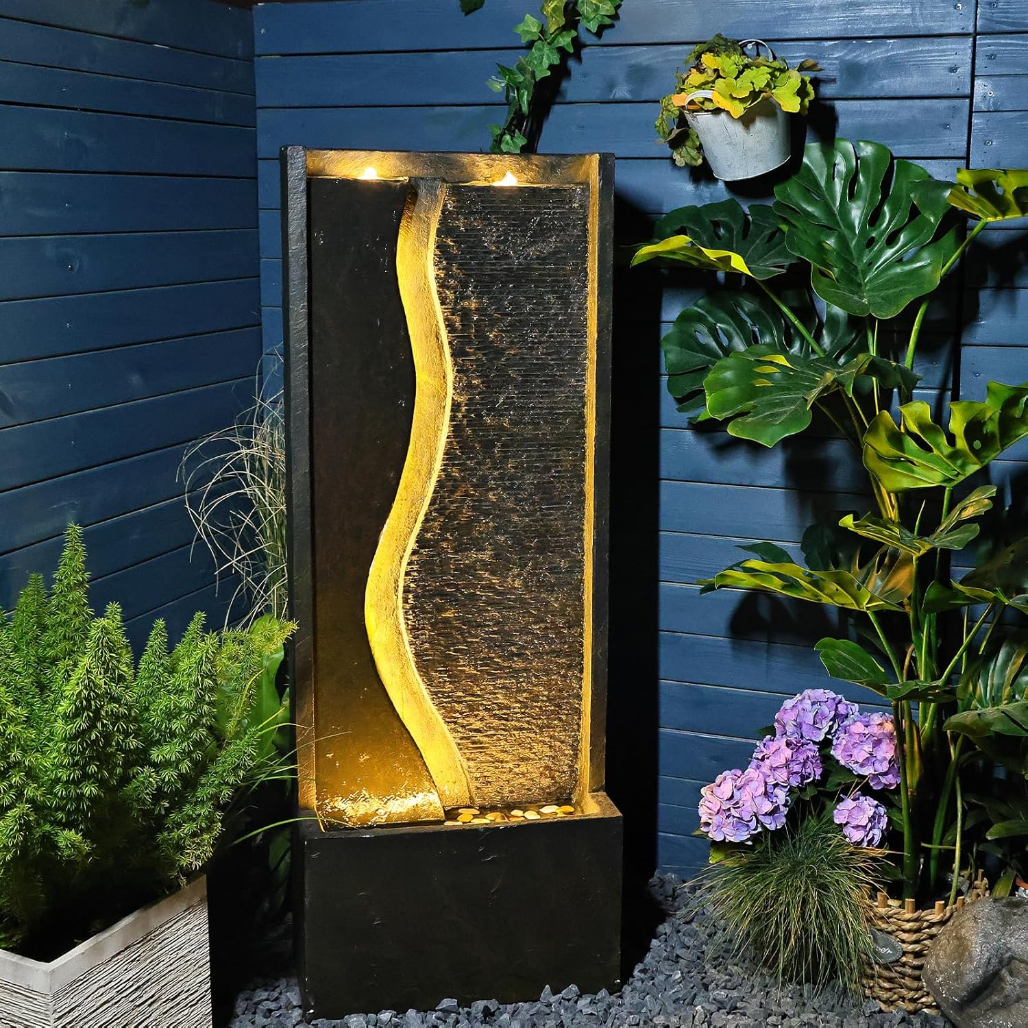 4.1ft Outdoor Water Fountain Garden Waterfall - Tall Modern Water Feature Fountains with LED Lights for Patio Yard Deck Porch Pool, Home Decor