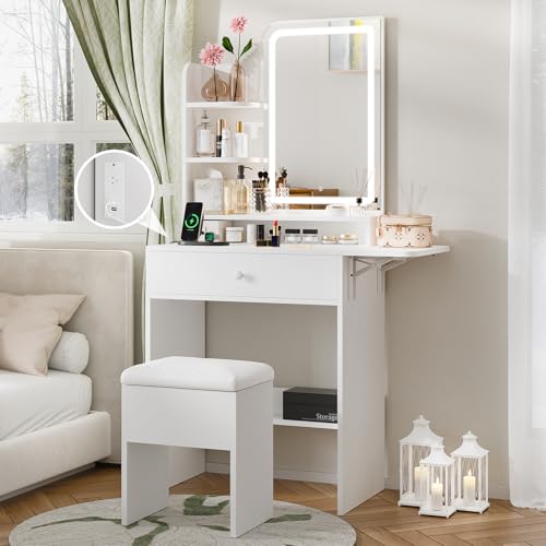 Haewon White Makeup Vanity Desk with Mirror and Lights, Vanity Table Set with Charging Station, Drawer, Storage Chair and Shelves