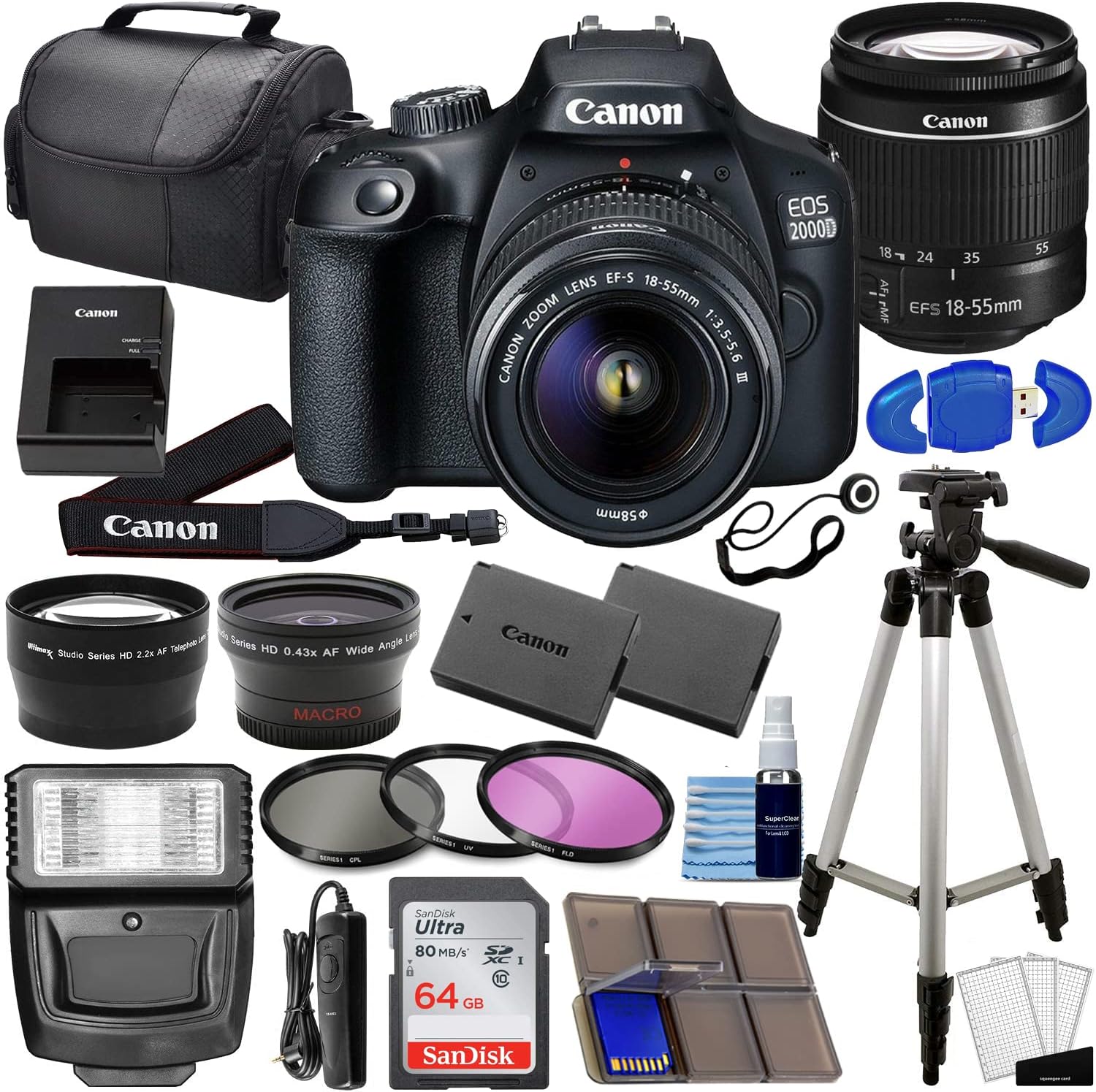 Canon EOS 2000D (Rebel T7) DSLR Camera with EF-S 18-55mm f/3.5-5.6 DC III Lens 3 Kit Bundled Complete Photo Bundle + 64GB Card Extra Battery 3PC
