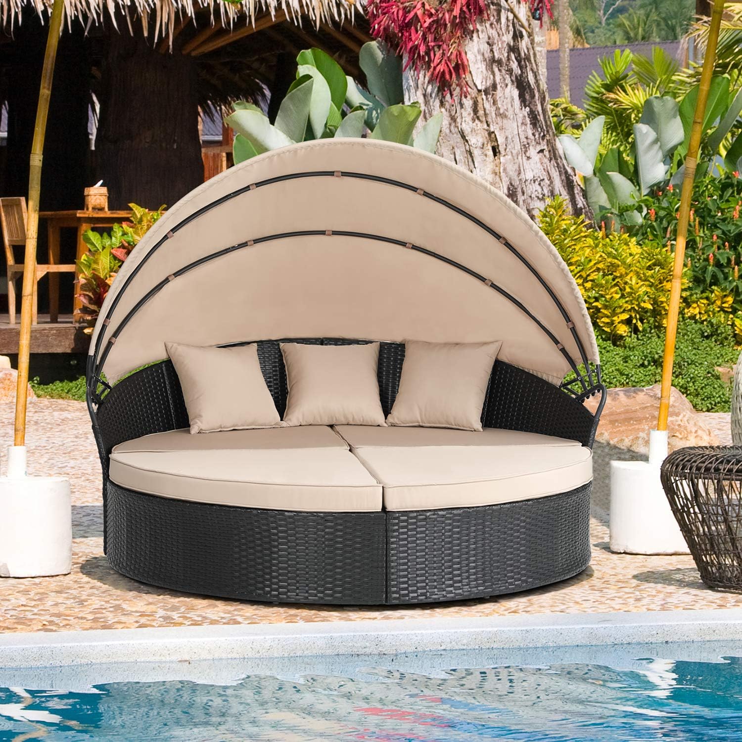 JY QAQA Patio Furniture Outdoor Lawn Backyard Poolside Garden Round Daybed with Retractable Canopy Wicker Rattan Sectional Round Sofa