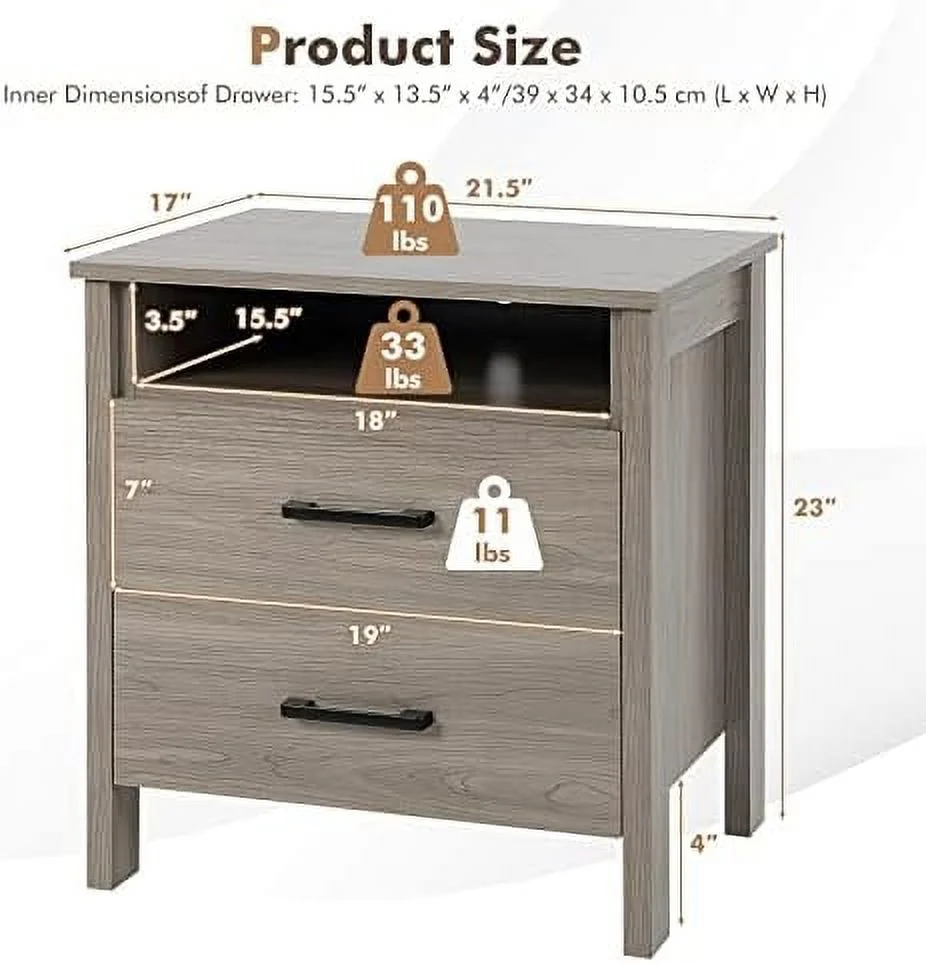 RUNFAYBIU Nightstand with 2 Drawers   Wooden End Side Tables with Open   and Cable Hole  Multifunctional 2-Drawer Night Stand  Farmhouse Bedside