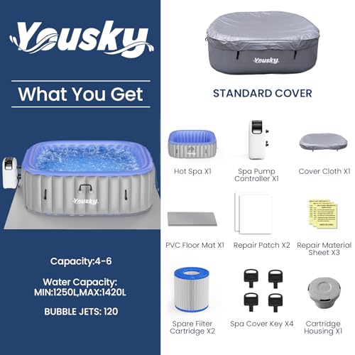 Inflatable Hot Tub 6-8 Person – Portable with 120 Bubble Jets, 42°C Heating & Filtration System, Durable PVC Material, Hot Tub Cover