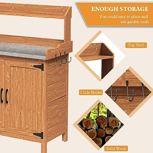 Outdoor Potting Bench with Storage, Wooden Garden Potting Table with Metal Tabletop and Removable Shelf, Potting Work Bench Station for Garden, Patio