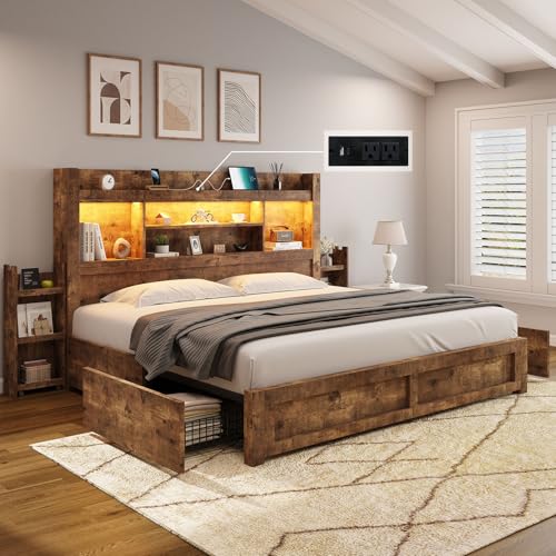 AMERLIFE Queen Bed Frame with 4 Storage Drawers, LED Platform Bed with 49" Bookcase Headboard