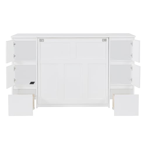 Full Size Murphy Bed with Drawers, Cabinets and USB Ports,Wood Murphy Bed Cabinet Bed Removable Shelves