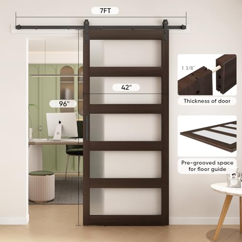BARNSMITH 42in x 84in Glass Barn Door with 7FT Sliding Door Hardware Kit Included & Handle