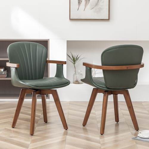 LUNLING Swivel Dining Chairs Set of 2, Mid Century Modern Gray Fabric+Faux Leather Kitchen Chairs with Arms,Bamboo Legs Side Chairs No Wheels