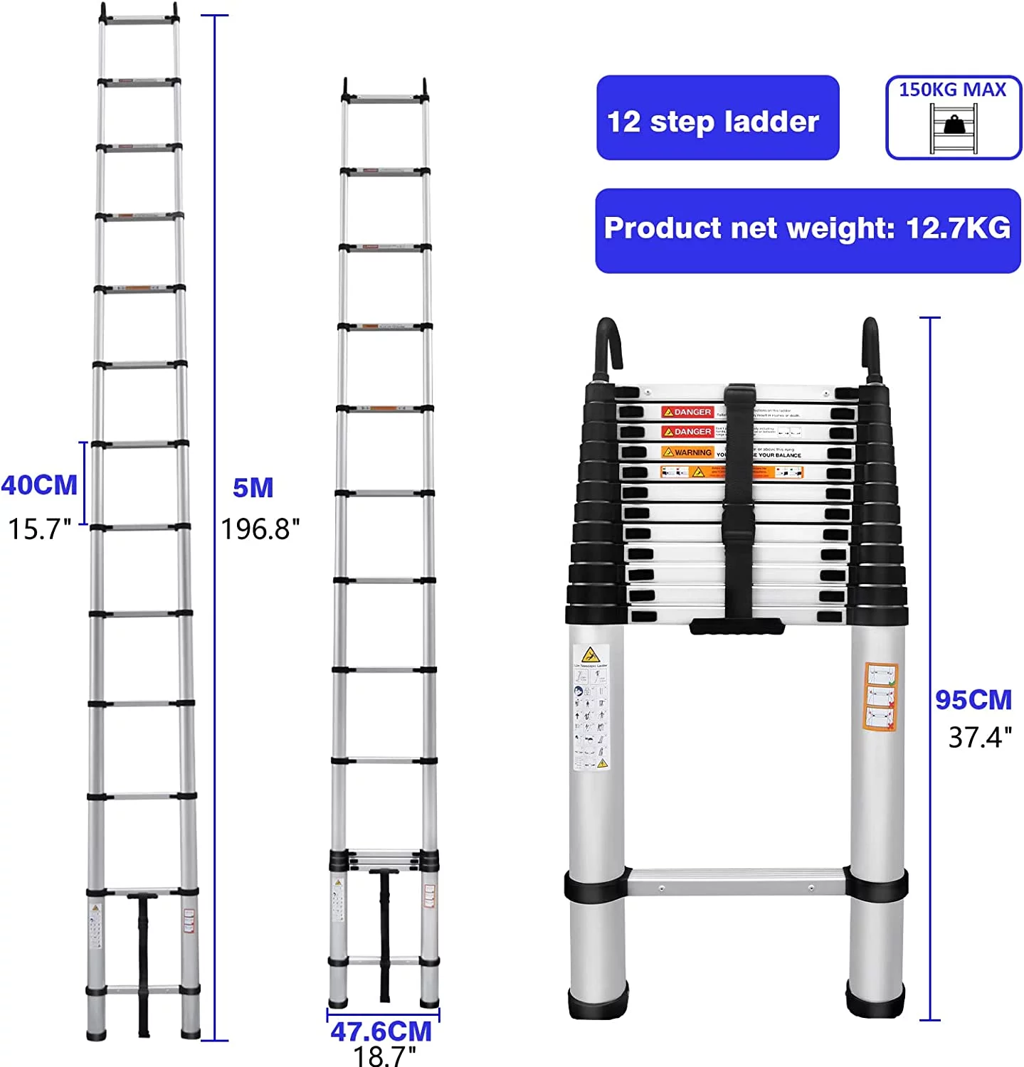 Telescoping Ladder 16FT Aluminum Telescopic Ladder with 2 Detachable Roof Hooks, Roof Ladder Extension Collapsible Ladder for RV