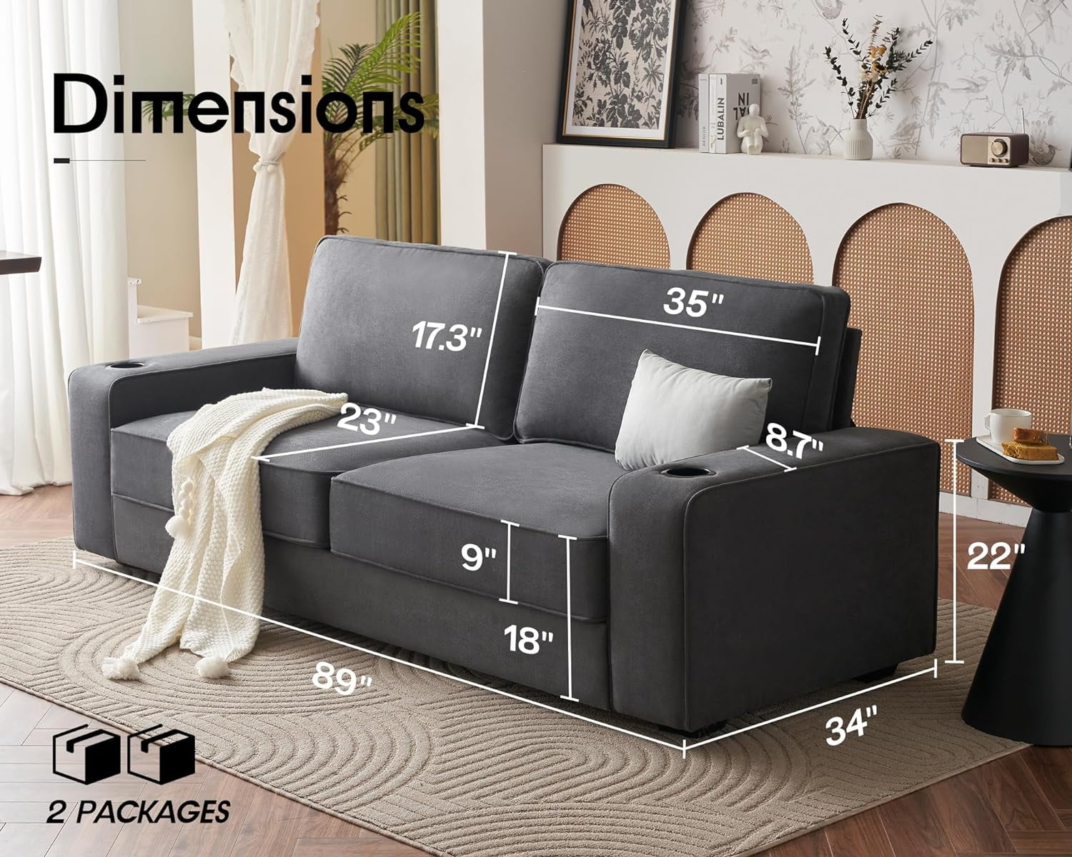 Papajet 89 inch Sofa with USB Charging Ports & Cup Holders, Couch for Living Room, Grey Chenille