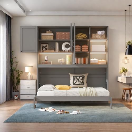 SOFTSEA Twin Size Murphy Bed Frame with Storage Cabinet and Shelves, Foldable Wall Bed with Light & USB for Guest Room, No Box Spring Needed, Gray