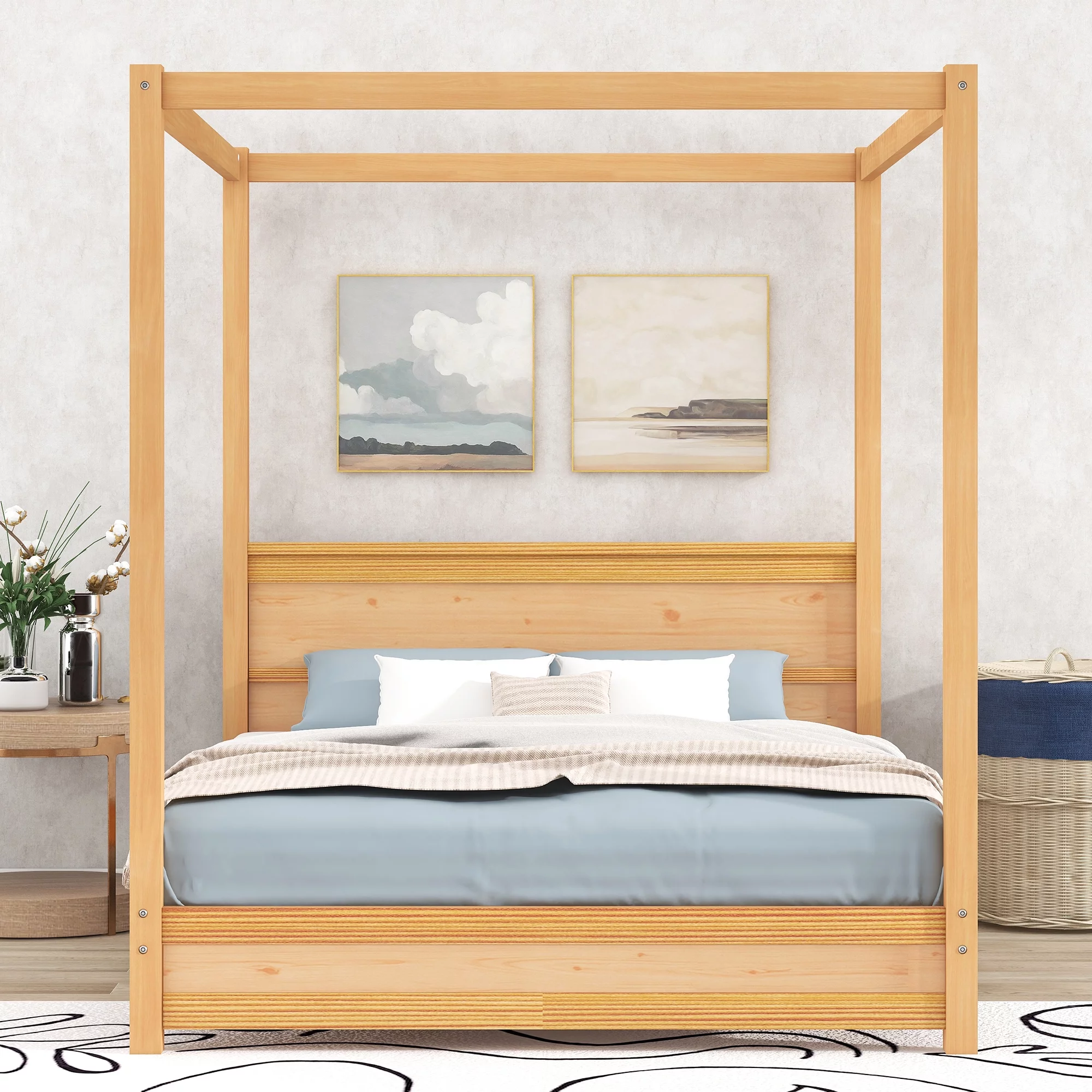 EUROCO Wood Queen Size Canopy Platform Bed with Headboard for Bedroom, Natural