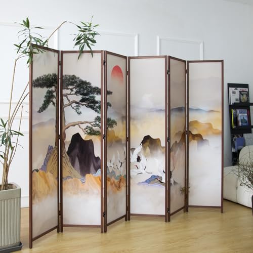 6 Panel Room Divider Screen,Double Faced Room Divider Folding Wall Divider for Room Separation,Mountains and Waters Landscape,67" H x 94.5" W