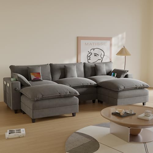 Modular Sectional Sofa, Cloud Couch with Ottoman, Charging Station, Throw Pillows, Cup Holders, Modern Convertible U Shaped Couches for Living Room