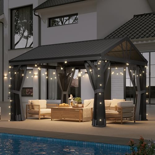 Aoxun 10' X 12' Hardtop Gazebo, Aluminum Outdoor Gazebo with Galvanized Steel Gable Roof Canopy, Patio Permanent Metal Pavilion with Netting