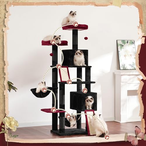 Cat Tree for Indoor Cats, 71'' (180cm) Multi-Level Cat Tower for Large Adult, Sturdy Cat Tree House with 2 Scratching Boards 7 Posts