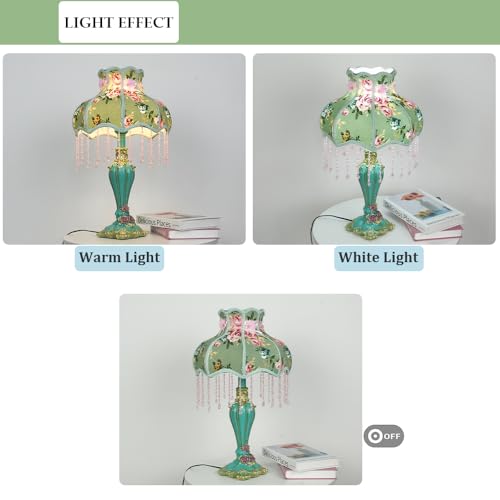 Lovely Table Lamp with Fabric Lampshade, Antique Flower Decorative Bedside Desk Lamp, Handmade Night Light for Bedroom Nightstand