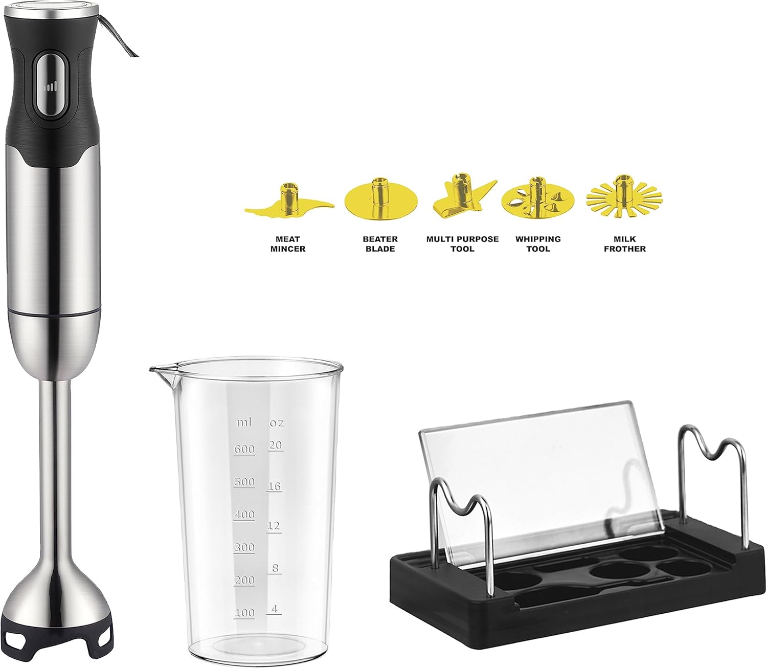 BergHOFF X5 Pro Stainless Steel Handheld Food Processor With 5 Multifunctional Blades, 1000W, 18000 RPM, 13ft Expandable, Low Noise, 16-Speed Control