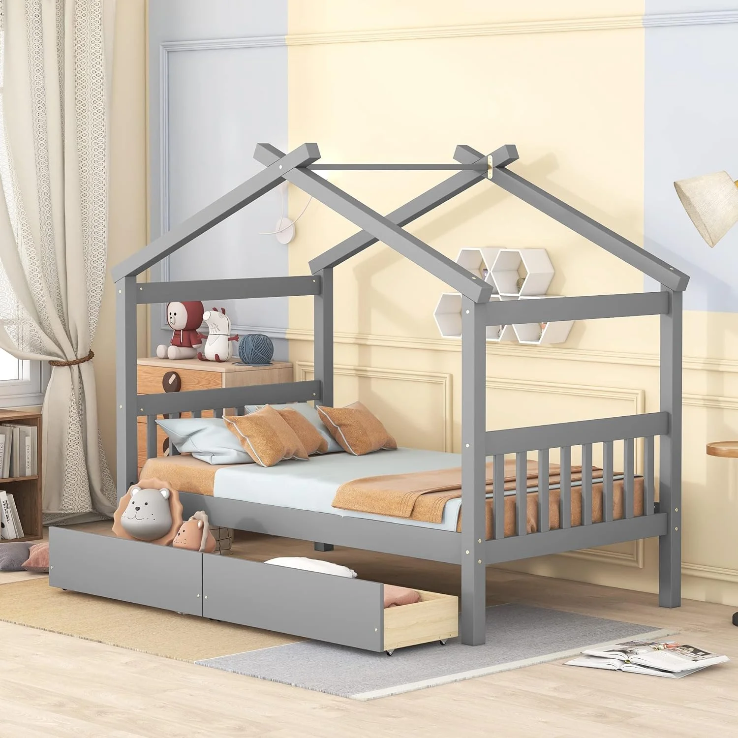 Size House Bed With Drawers, Wooden Platform Bed Frame With Headboard And Footboard, Roof Design, For Guest Room/Living Room, Gray