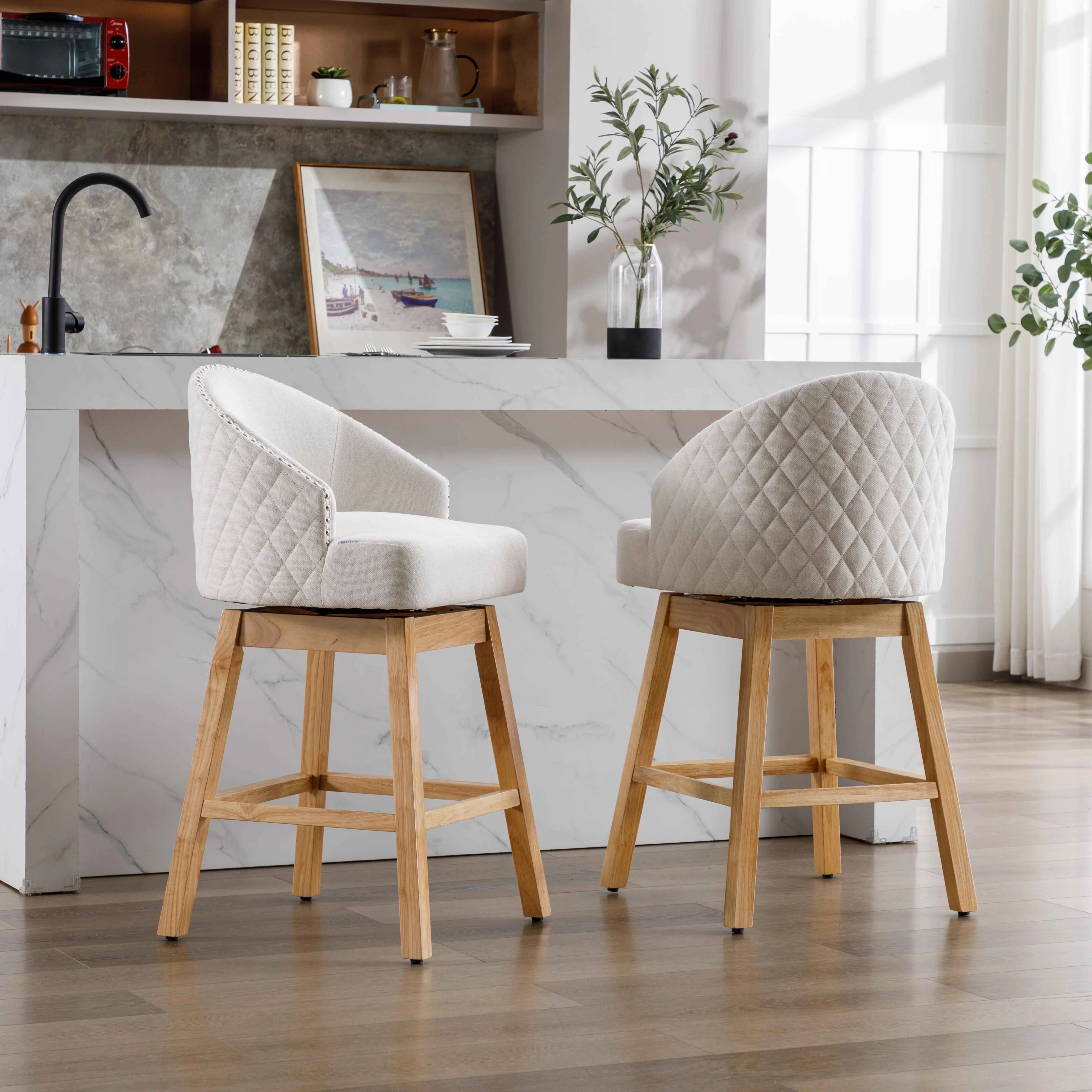 360 Degree Swivel Bar Stools, Counter Height Barstools, Modern Upholstered Bar Stools with Nailhead Trim Bar Chairs, 27 Inch Kitchen Island Bar Chair