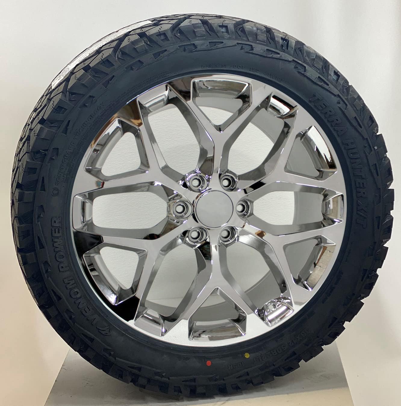 22 Inch Chrome Snowflake Wheels Rims with 33x12.50R22 Tires Lugs TPMS Fits 2000-2023 Chevy Silverado, Tahoe, Suburban and GMC Sierra, Yukon