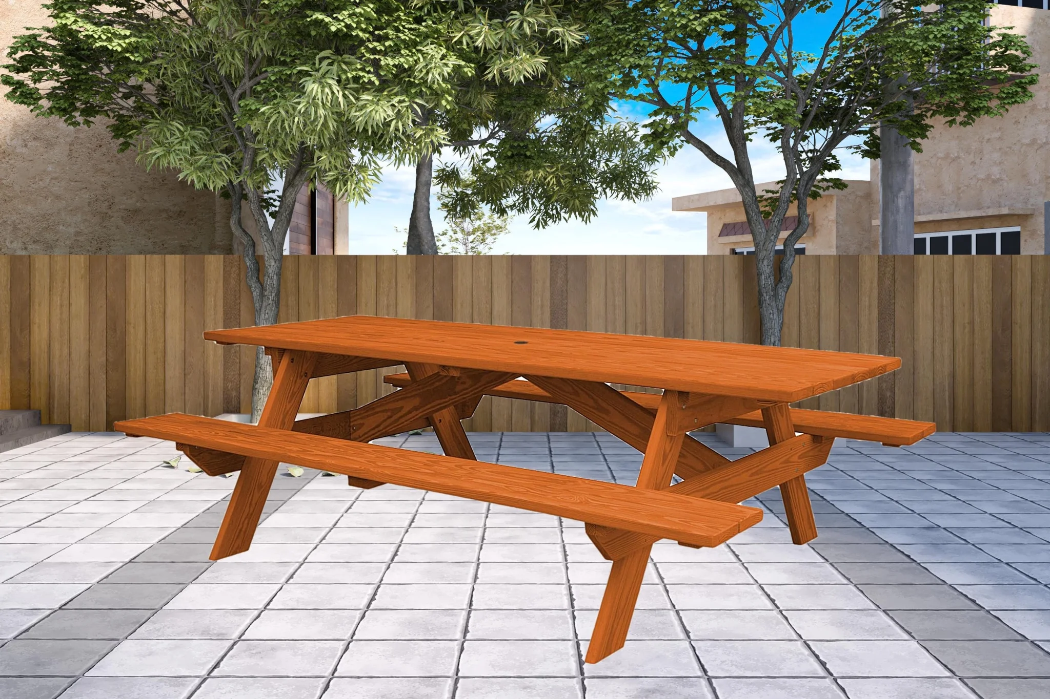 HomeRoots  Redwood Solid Wood Outdoor Picnic Table with Umbrella Hole
