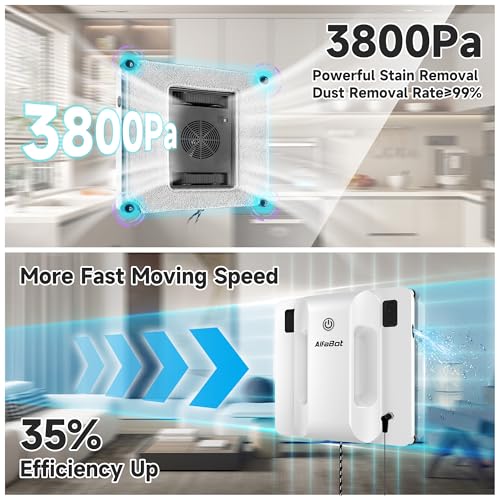 AlfaBot Window Cleaner Robot, Upgraded Intelligent Dual Water Spray & 3800PA Suction Power Window Cleaner with Edge Detection Technology