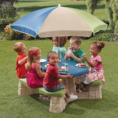 Step2 Naturally Playful Kids Picnic Table with Removable Umbrella, Indoor/Outdoor Toys, Fits 6 Children, Made of Durable Plastic