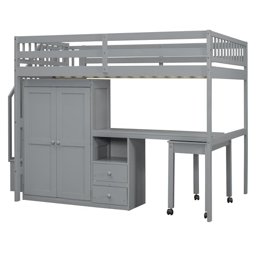 Harper & Bright Designs Twin Size Loft Bed with Stairs and Bookshelf, Wood Twin Storage Bed with Desk & Wardrobe