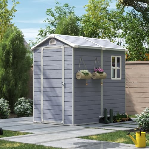 Aoxun Outdoor Storage Shed 5 x 3FT, Resin Shed with Floor and Lockable Door, Plastic Sheds for Garbage Can, Tool, Accessories, Lawn, Garden - Grey
