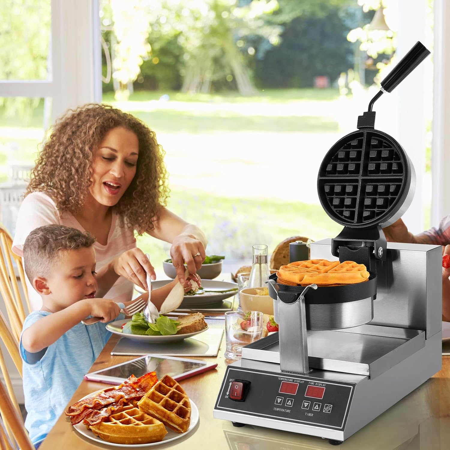 Dyna-Living Commercial Waffle Maker 110V 1200W Intelligent Belgian Waffle Maker Rotating 180° Round Waffle Maker Nonstick Flip Waffle Iron Machine