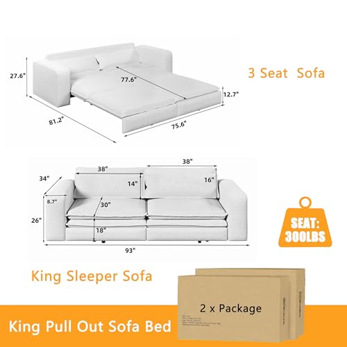 93" King Pull Out Sofa Bed, 3 in 1 Convertible Sleeper Sofa Couch, Comfy 3 Seater Sleeper Bed with 2 Pillows