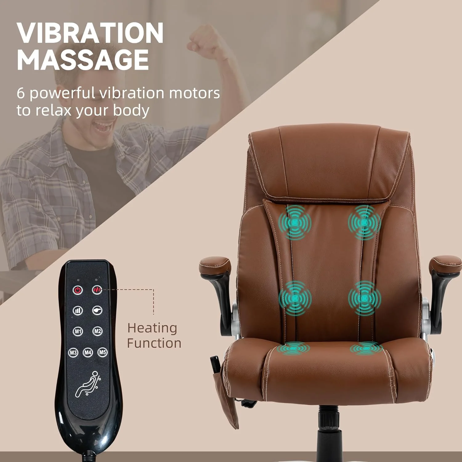 Executive Massage Office Chair With 6 Vibration Points, Heated Faux Leather Computer Desk Chair With -Up Armrest, Adjustable Height, Swivel Wheel