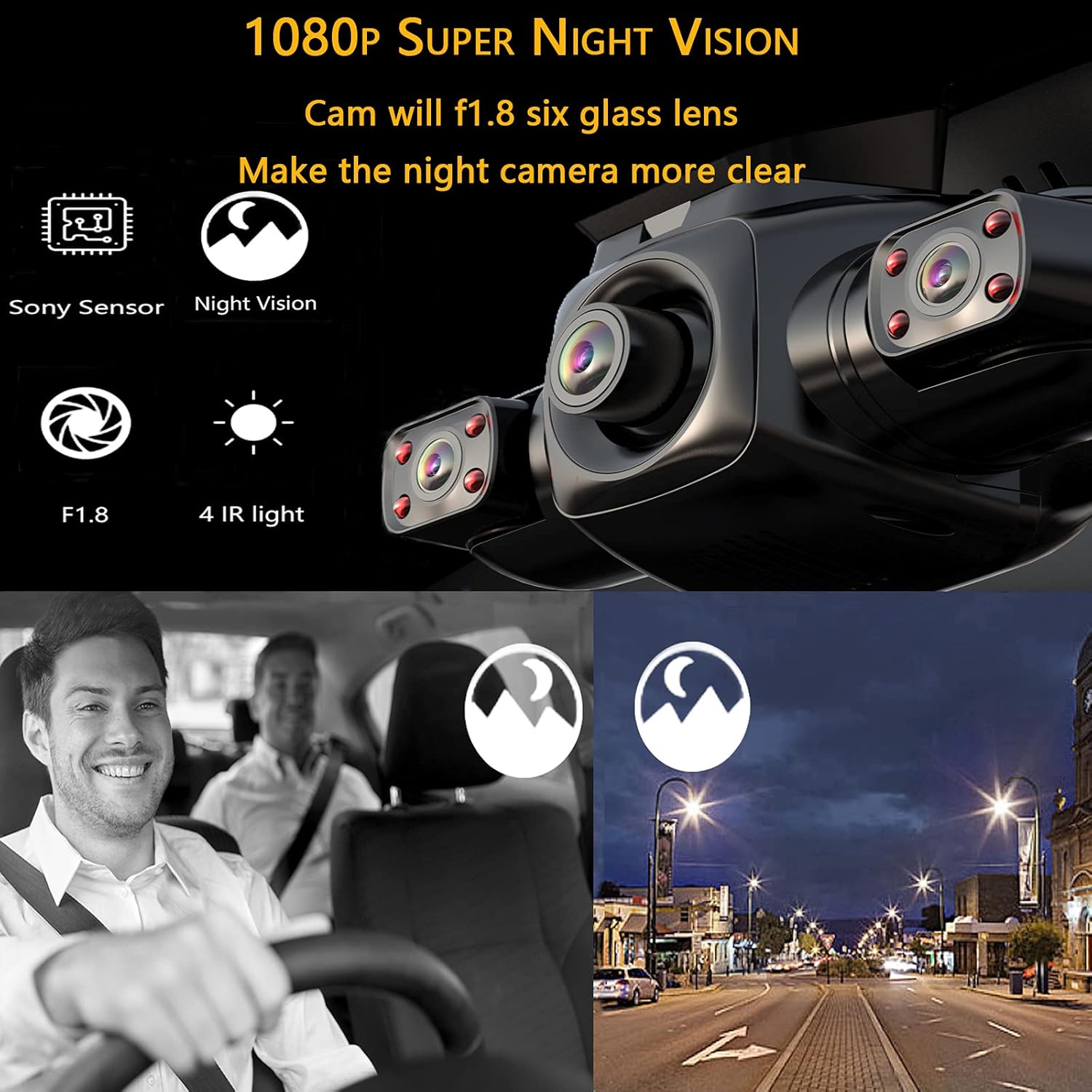 Dual Dash Cam 1080P Dashboard Camera Front and Rear 3 Way Cam HD Angle Lens Recording Control IR Night Vision 24hr Motion Detection G-Sensor Mobile