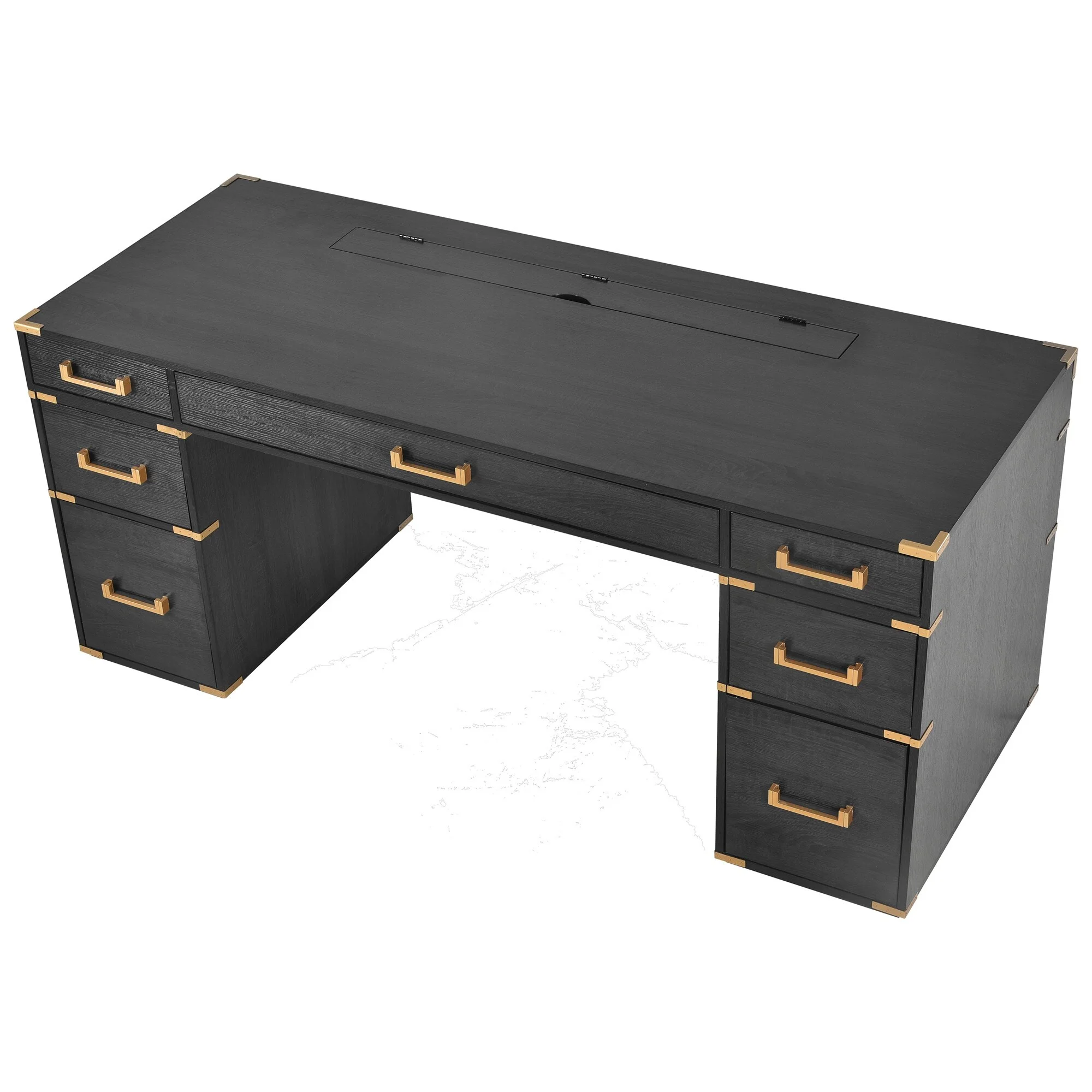 70" Traditional Executive Writing Desk with Metal Edge Trim, Drawers Black