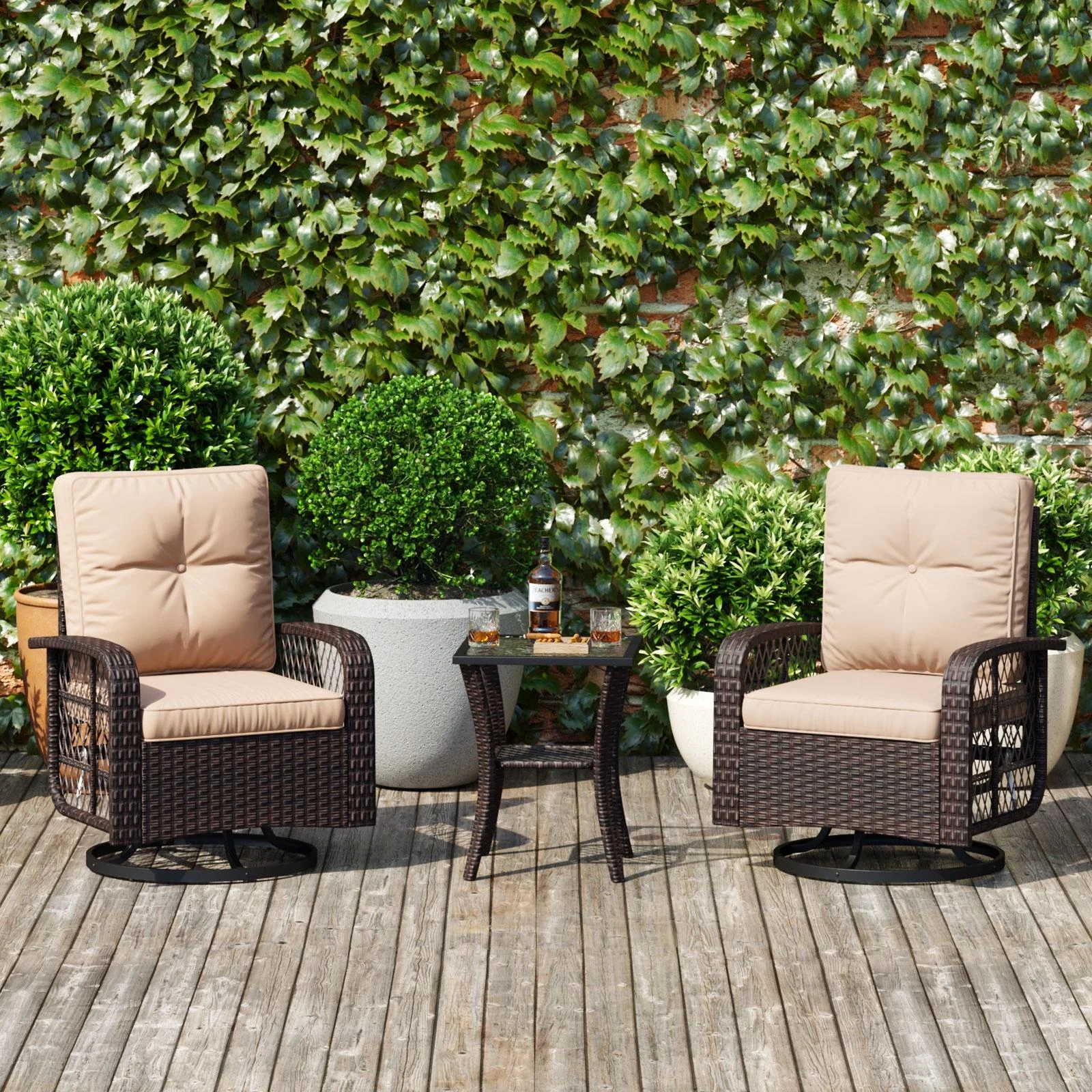 Aoxun 3 Piece Patio Chairs Set, Swivel Rocking Chairs for Patio, Wicker Bistro Set with Beige Cushions, Outdoor Swivel Rocker - Radiant Selections