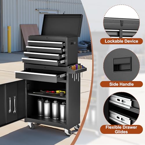 Rolling Tool Chest 5 Drawers Tool Box Garage Storage Cabinet Steel Frame 2 in 1 Tool Cart with Universal Lockable Wheels