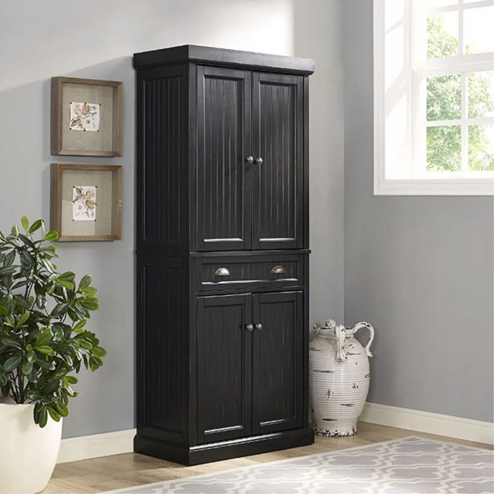 Crosley Furniture Seaside 4 Door Wood Coastal Pantry in Distressed Black