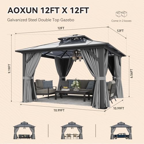 Aoxun 12'x16' Hardtop Gazebo, Aluminum Frame Permanent Pavilion with Netting and Curtains, Outdoor Polycarbonate Double Roof Canopy