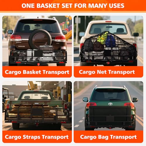 Hitch Mount Cargo Carrier Basket 500 LBS Folding Vehicle Cargo Baskets 60" x 24" x 14" Fits 2" Receiver with 2" Hitch Stabilizer for SUV