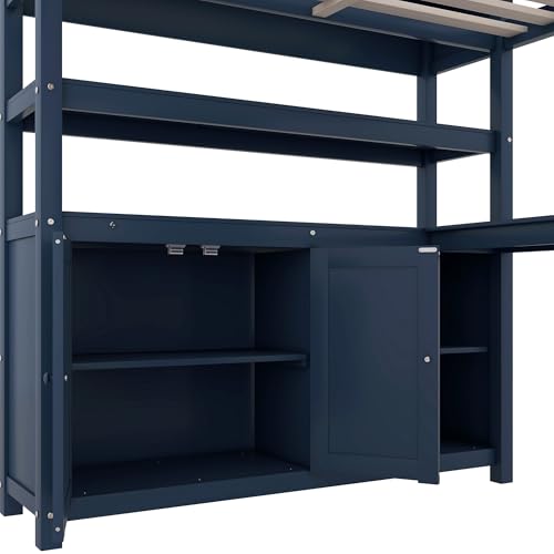 SOFTSEA Full Size Loft Bed with L Shaped Desk, Wood Loft Bed with Wardrobe, Storage Cabinet and Shelves