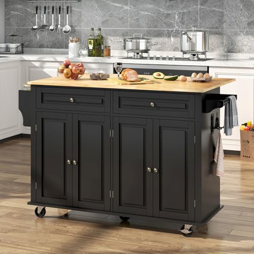 55" Movable Kitchen Island with Drop Leaf and Power Outlet, Rolling Island Cart w/Storage Cabinet, Island Table on Wheels for Kitchen w/2 Drawers