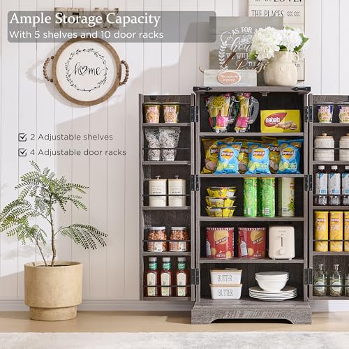 72" Tall Kitchen Pantry, Farmhouse Storage Cabinet with Barn Doors, Organizer, Drawer and Adjustable Shelves, Rustic Wood Cupboard for Kitchen