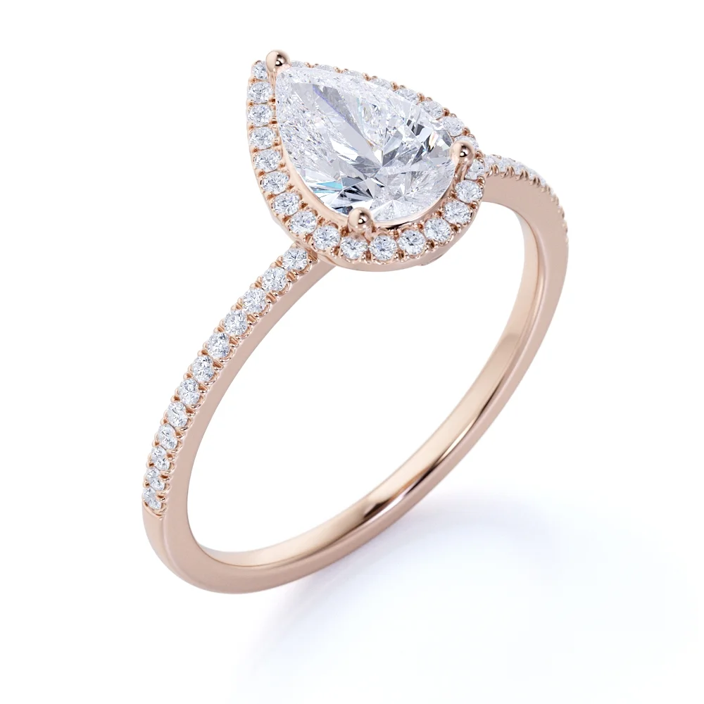JeenMata Antique Vintage 1.75 Carat Pear cut Artdeco Halo Engagement Ring with Moissanite for Her in 18k Rose Gold Over Silver