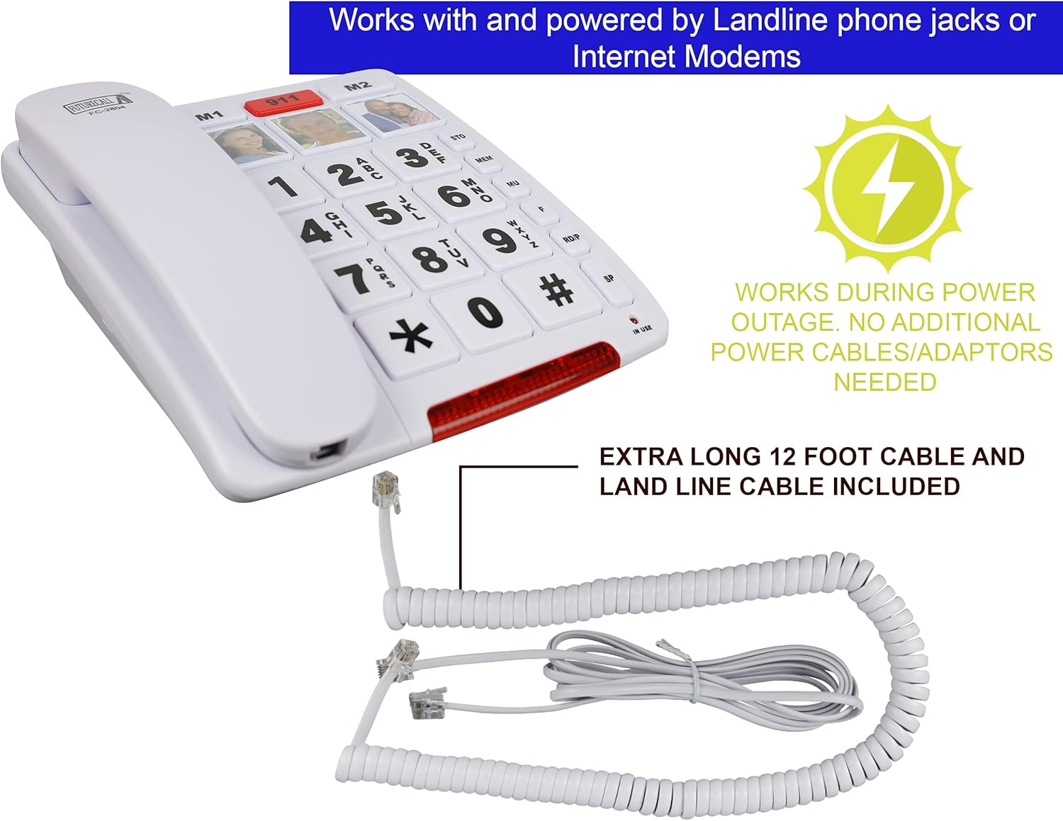 Future Call FC-2804 Big Button Phone for Seniors | 3 Picture Keys and Speakerphone | Amplified Telephones for Hearing Impaired Seniors 40db w/Extra