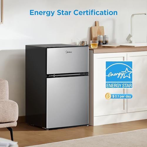 Midea WHD-113FB1 Double Door Mini Fridge with Freezer for Bedroom Office or Dorm with Adjustable Remove Glass Shelves Compact Refrigerator, 3.1 cu ft