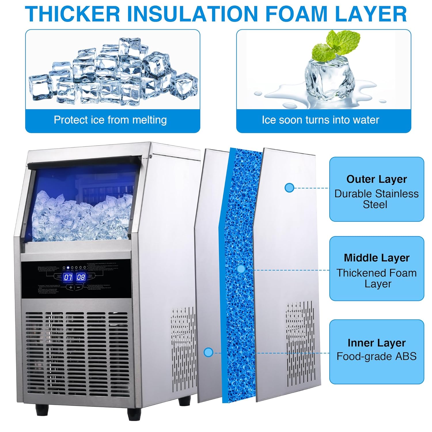 Ice Maker, Commercial Ice Maker Machine 120-130LBS/24H with 28LBS Storage Bin, Freestanding/Under Counter Ice Machine for Home/Party/Bar/Restaurant