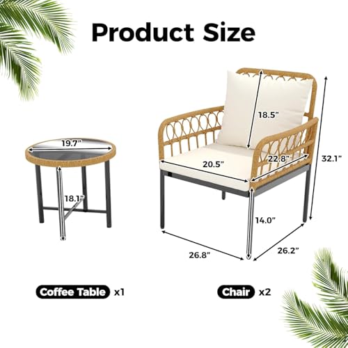 3 Piece Patio Bistro Set, Outdoor Wicker Table and Chairs Set of 2